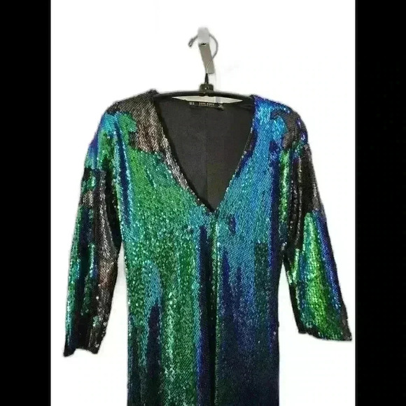 Zara basic Collection turquoise sequin mini 3/4 sleeve dress - Picture 3 of 5